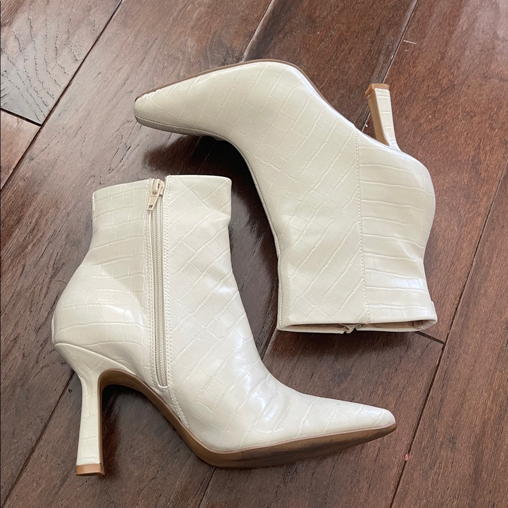 Express Cream Croc-Embossed Faux Leather Ankle Boots